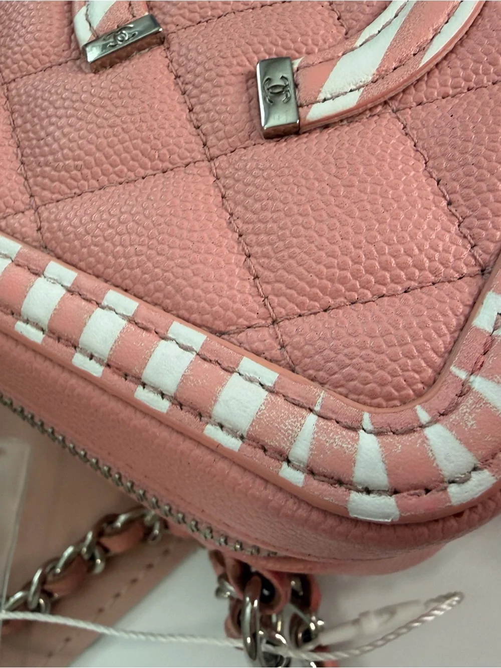 Chanel Pink Caviar Leather Striped La Pausa Camera Bag Case Crossbody Black Card